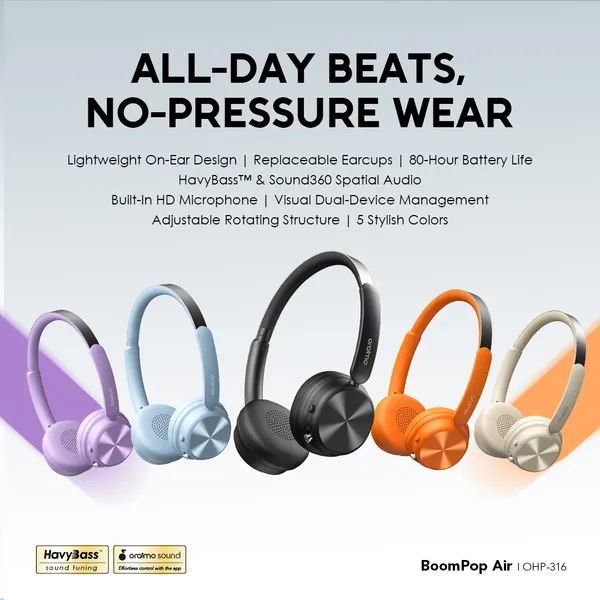 oraimo-Headphone-BoomPop-Air-OHP-316-01-ALL-DAY-BEATS-NO-PRESSURE-WEAR oraimo BoomPop Air Lightweight On-Ear Wireless Headphones
